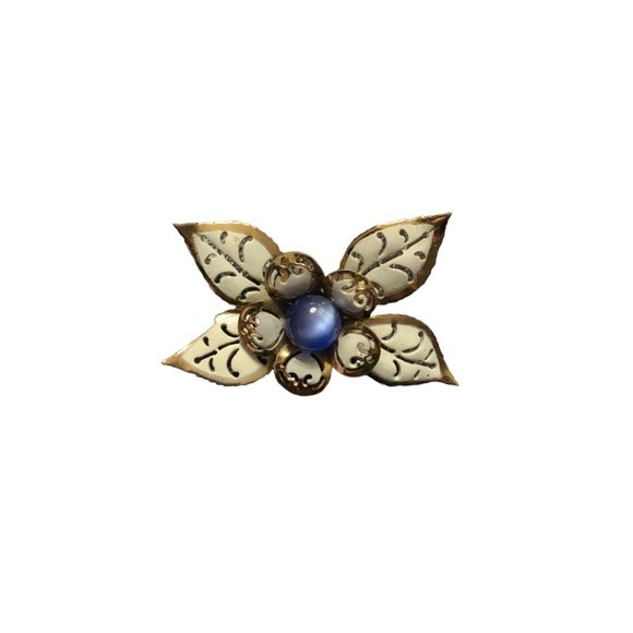 Vtg Coro Moonglow Brooch White Enamel Flowers Blue Center Signed Pin Gold Tone - Picture 4 of 10